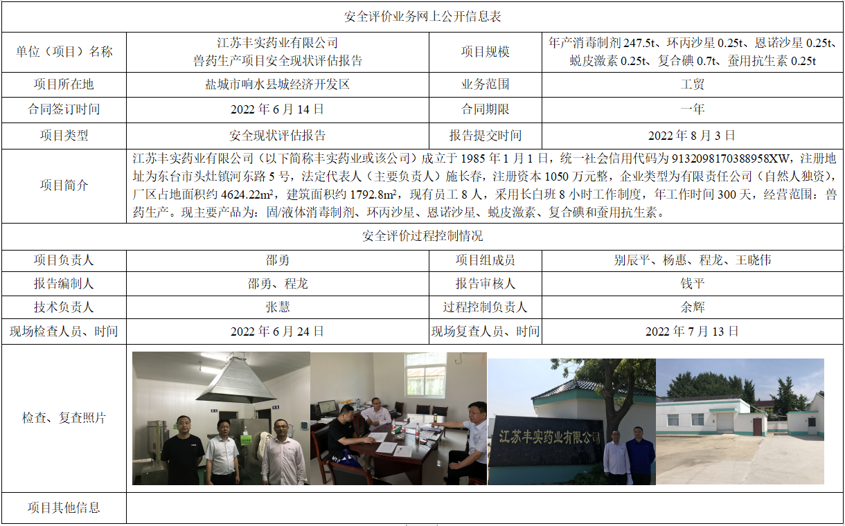 江苏丰实药业有限公司兽药生产项目安全现状评估报告