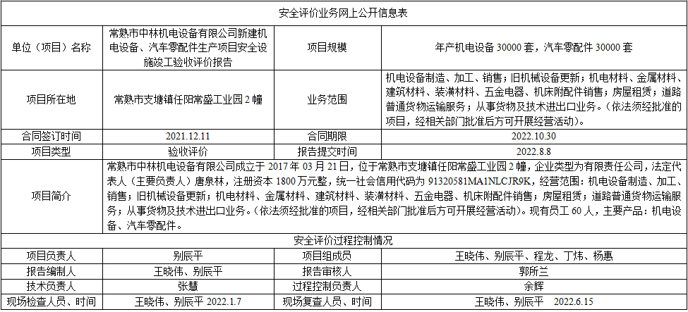 常熟市中林机电设备有限公司新建机电设备、汽车零配件生产项目安全设施竣工验收评价报告
