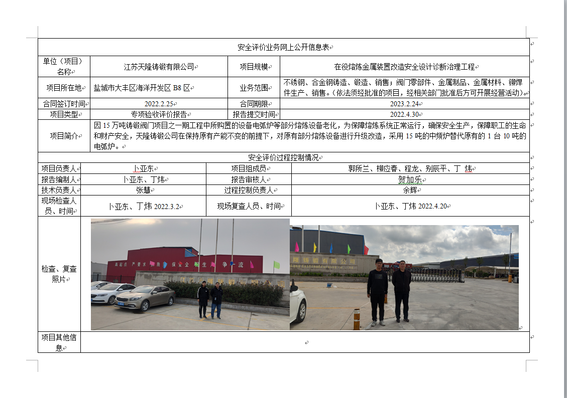 江苏天隆铸锻有限公司在役熔炼金属装置改造安全设计诊断治理工程专项验收评价报告