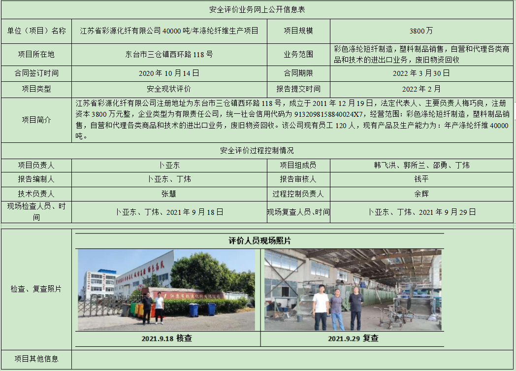 江苏省彩源化纤有限公司40000吨/年涤纶纤维生产项目