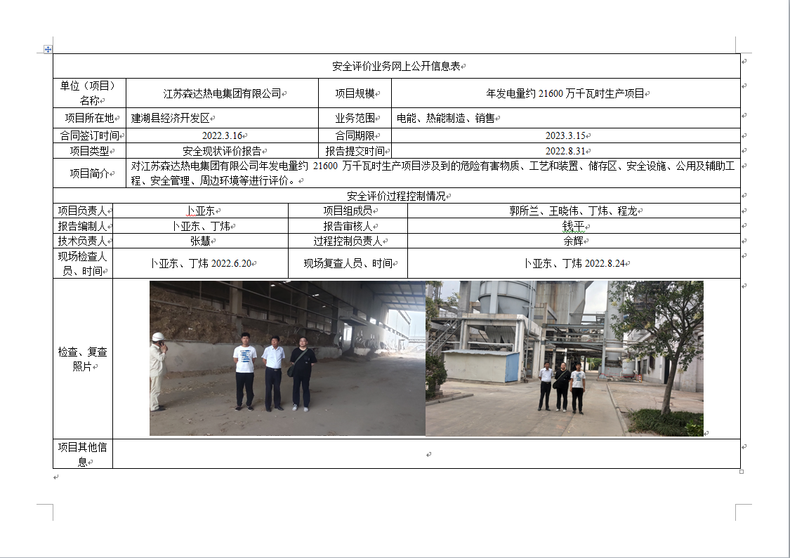 江苏森达热电集团有限公司年发电量约21600万千瓦时生产项目安全现状评价报告