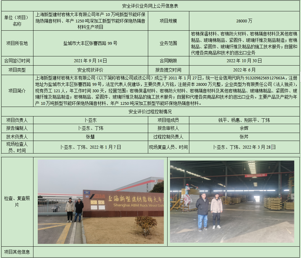 上海新型建材岩棉大丰有限公司年产10万吨新型节能环保绝热隔音材料、年产1250吨深加工新型节能环保绝热隔音材料生产项目