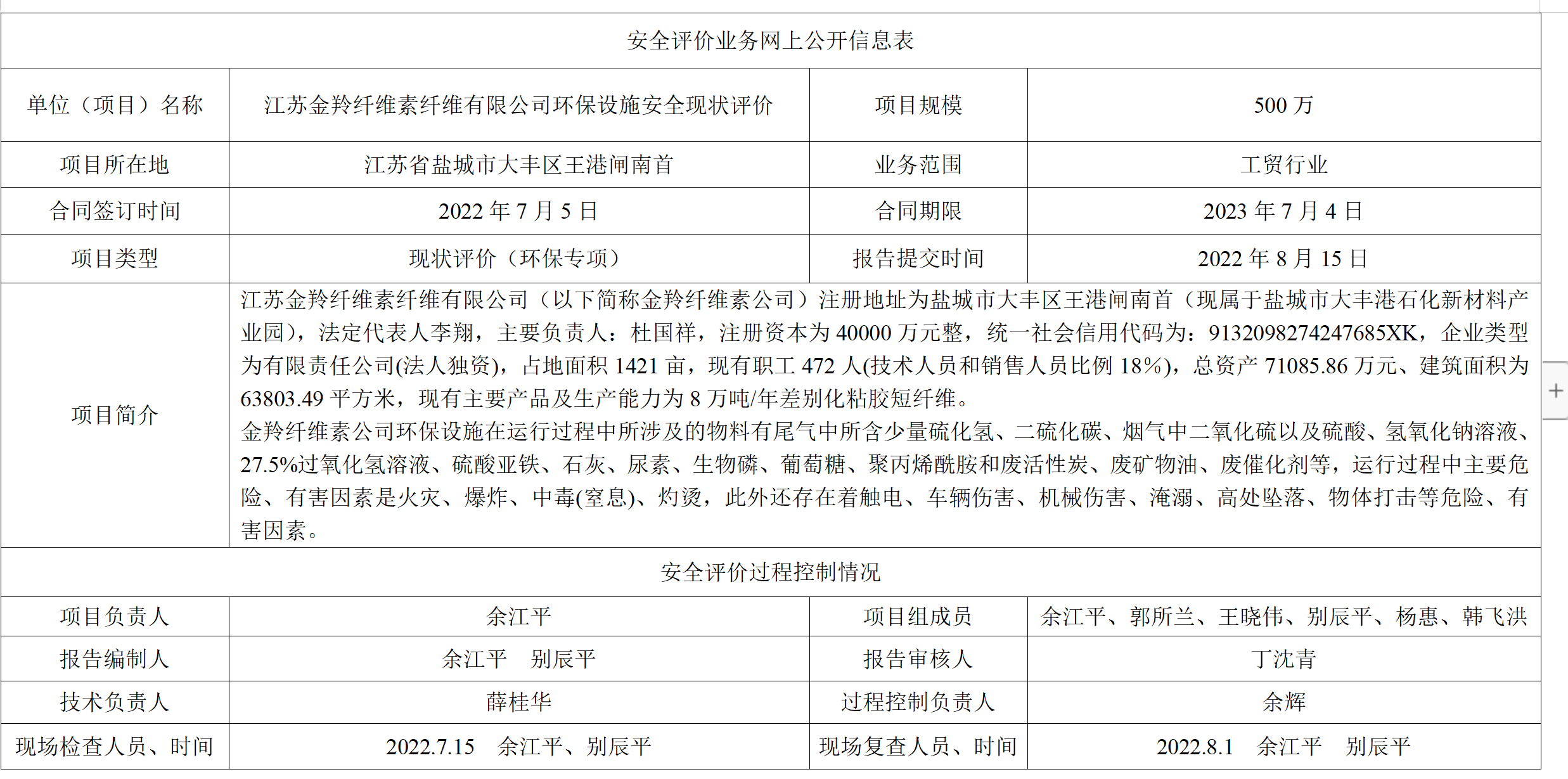 江苏金羚纤维素纤维有限公司环保设施安全现状评价
