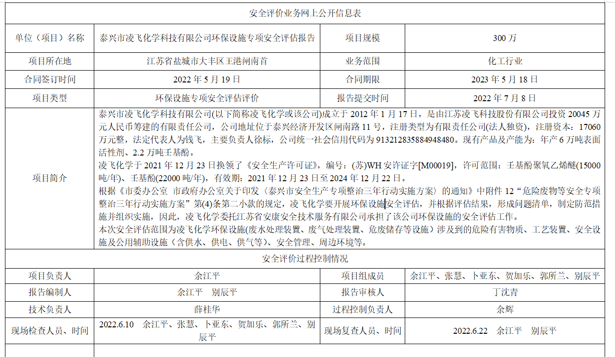 泰兴市凌飞化学科技有限公司环保设施专项安全评价报告