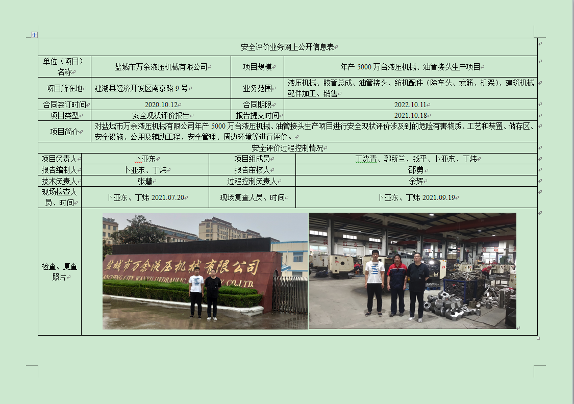 盐城市万余液压机械有限公司年产5000万台液压机械、油管接头生产项目安全现状评价报告