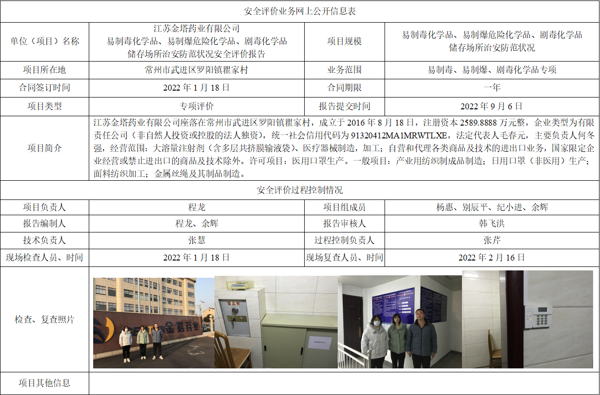 江苏金塔药业有限公司易制毒化学品、易制爆危险化学品、剧毒化学品 储存场所治安防范状况安全评价报告