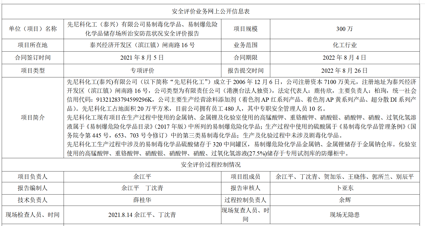 先尼科化工（泰兴）有限公司易制毒化学品、易制爆危险化学品储存场所治安防范状况安全评价报告