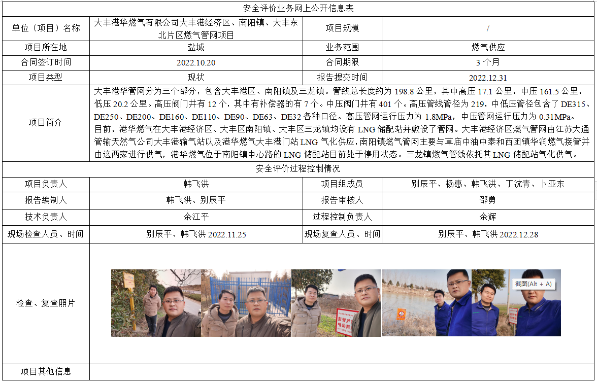 大丰港华燃气有限公司大丰港经济区、南阳镇、大丰东北片区燃气管网项目