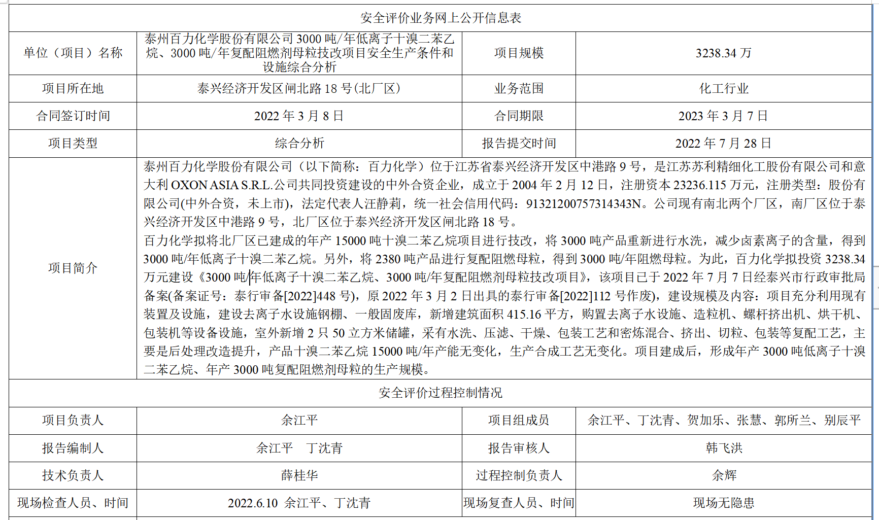泰州百力化学股份有限公司3000吨/年低离子十溴二苯乙烷、3000吨/年复配阻燃剂母粒技改项目安全生产条件和设施综合分析