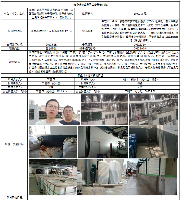 江苏广谦电子有限公司PCB电路板、表面贴装及新型电子元器件、端子连接器、金属结构件生产项目（一期a段）验收评价