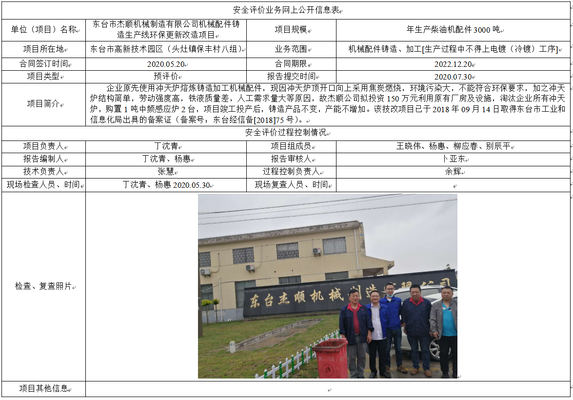 东台市杰顺机械制造有限公司机械配件铸造生产线环保更新改造项目预评价
