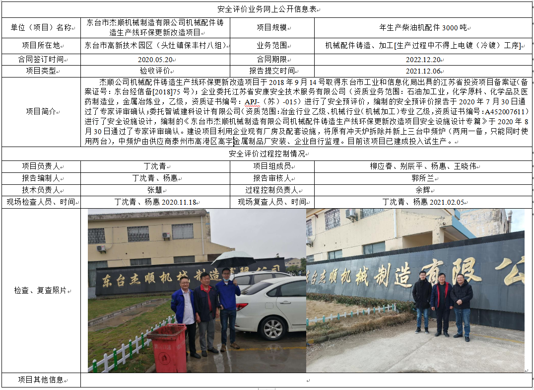 东台市杰顺机械制造有限公司机械配件铸造生产线环保更新改造项目安全设施竣工验收评价