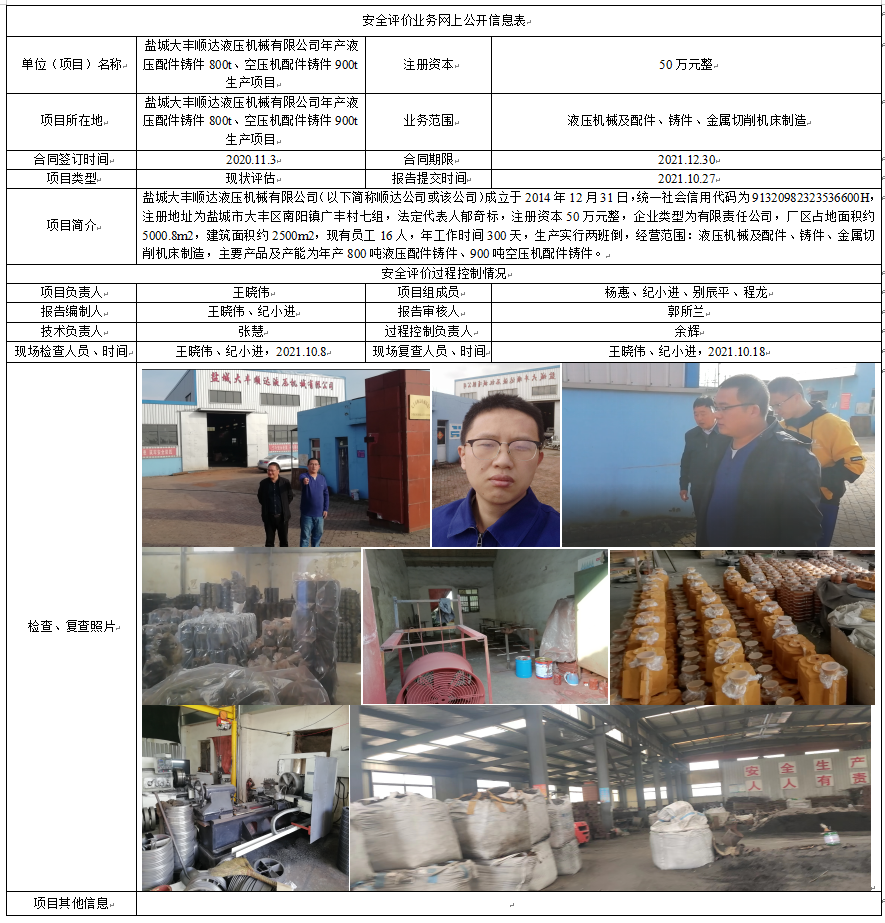 盐城大丰顺达液压机械有限公司年产液压配件铸件800t、空压机配件铸件900t生产项目现状评估报告