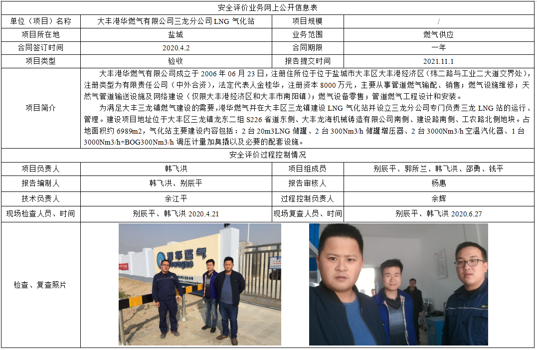 大丰港华燃气有限公司大丰三龙镇LNG气化站工程项目
