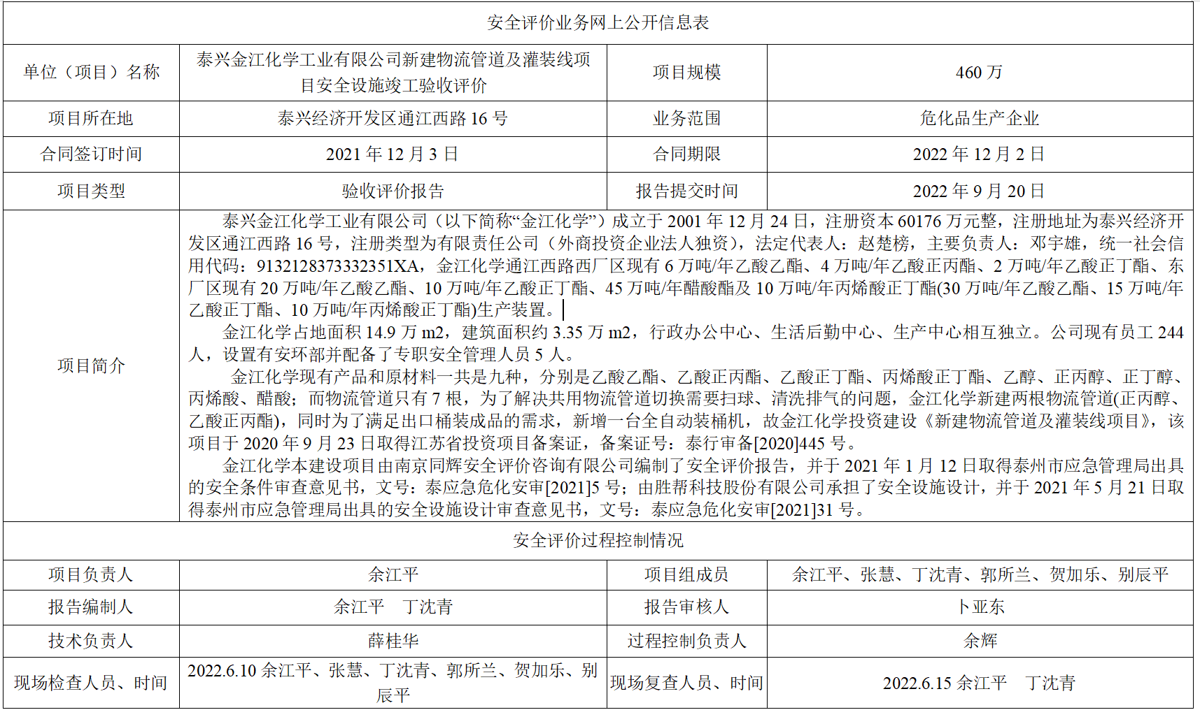 泰兴金江化学工业有限公司新建物流管道及灌装线项目安全设施竣工验收评价
