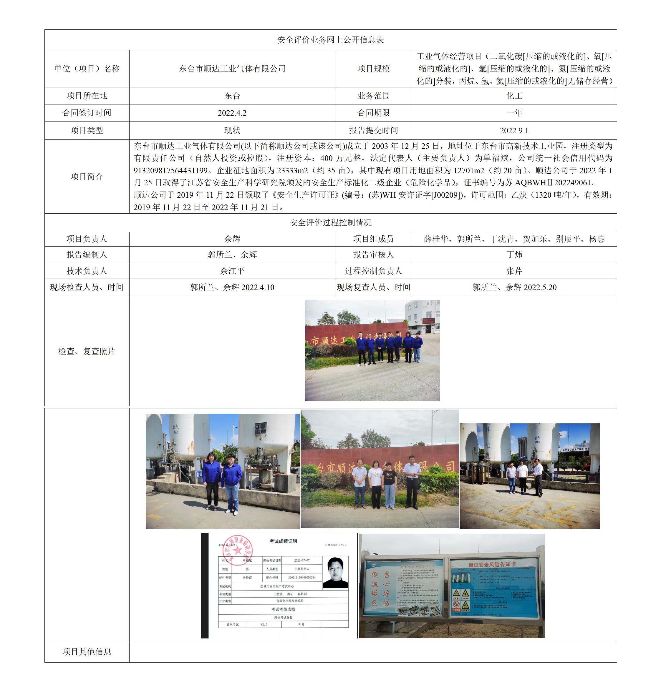 东台市顺达工业气体有限公司工业气体经营项目（二氧化碳[压缩的或液化的]、氧[压缩的或液化的]、氩[压缩的或液化的]、氮[压缩的或液化的]分装，丙烷、氢、氦[压缩的或液化的]无储存经营）安全现状