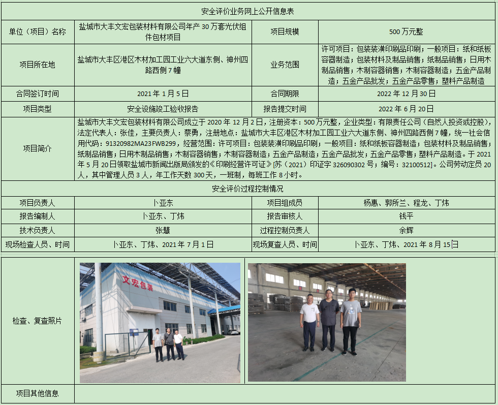 盐城市大丰文宏包装材料有限公司年产30万套光伏组件包材项目