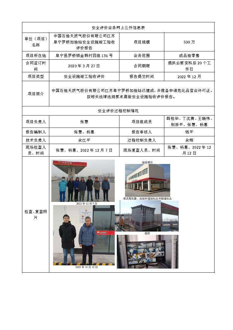 中国石油天然气股份有限公司江苏阜宁罗桥加油站安全设施竣工验收评价报告
