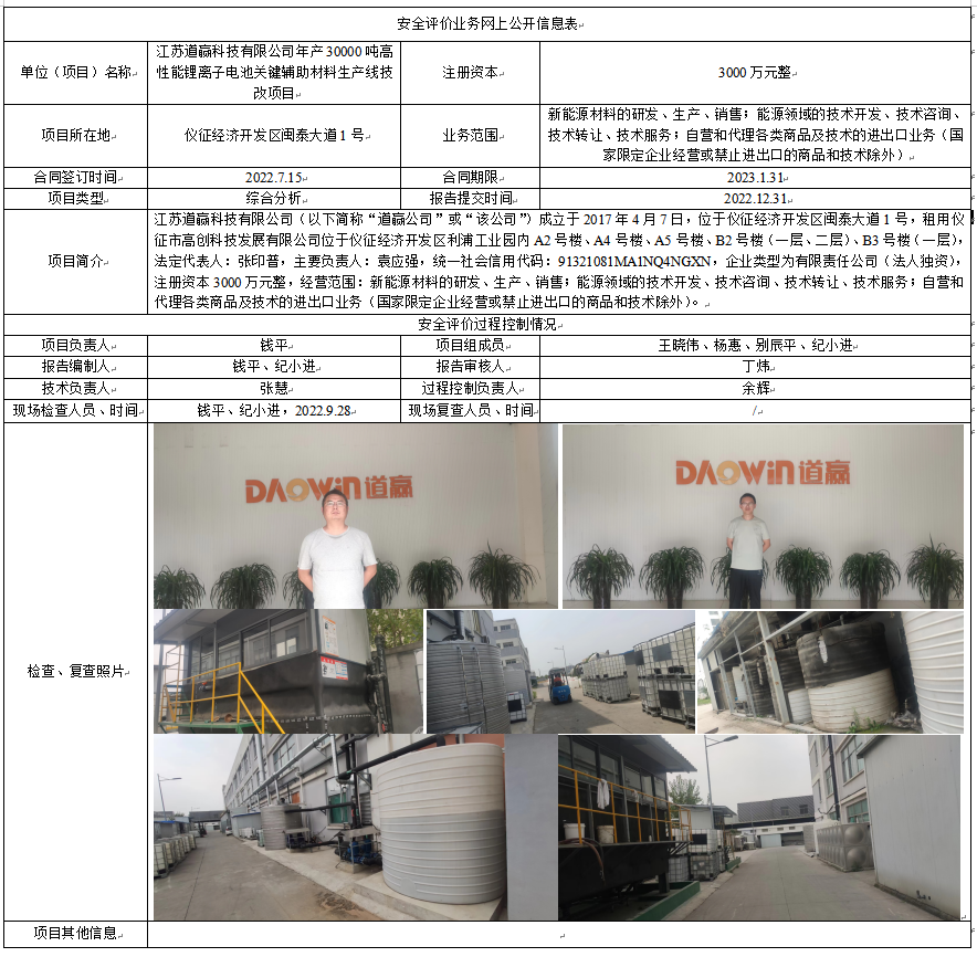 江苏道赢科技有限公司年产30000吨高性能锂离子电池关键辅助材料生产线技改项目安全生产条件和设施综合分析报告