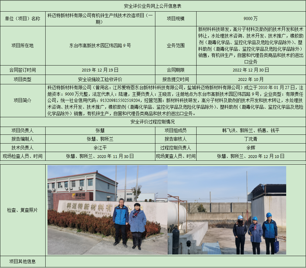 科迈特新材料有限公司有机锌生产线技术改造项目（一期）安全设施竣工验收评价