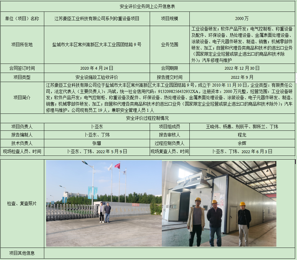 江苏豪臣工业科技有限公司系列称重设备项目