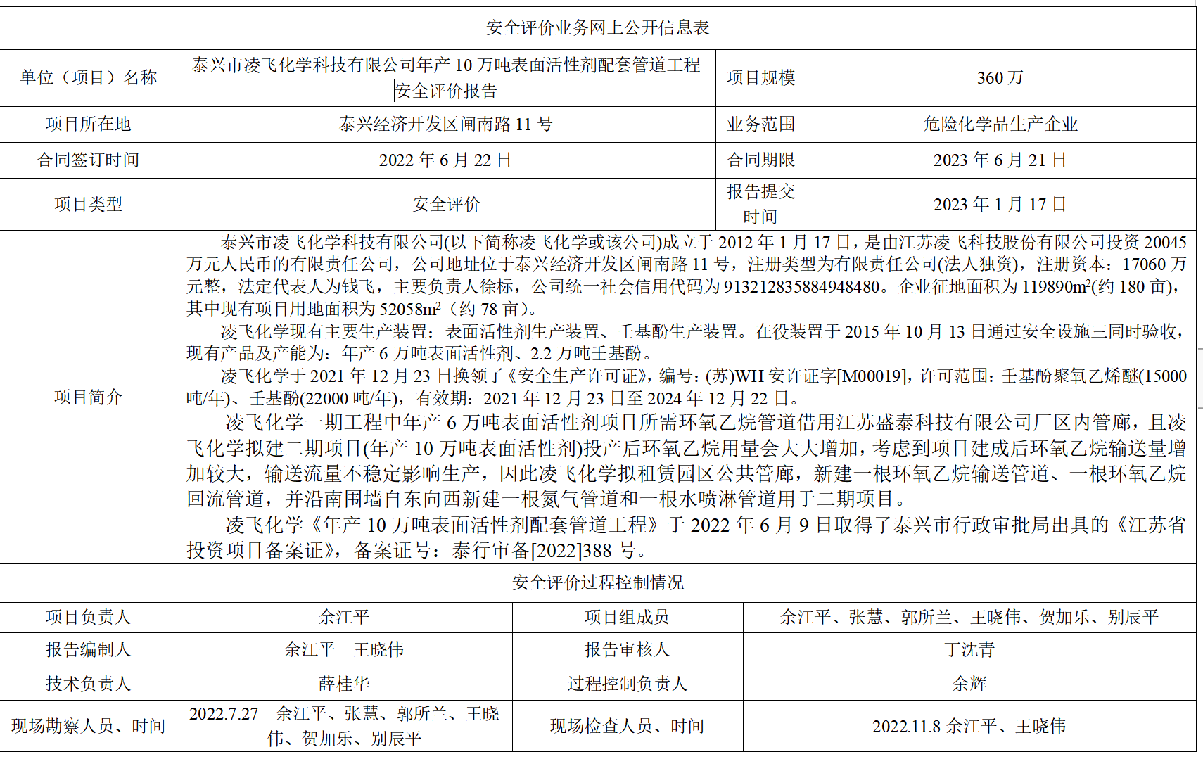 泰兴市凌飞化学科技有限公司年产10万吨表面活性剂配套管道工程安全评价报告