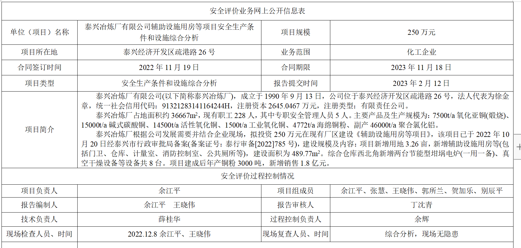 泰兴冶炼厂有限公司辅助设施用房等项目安全生产条件和设施综合分析
