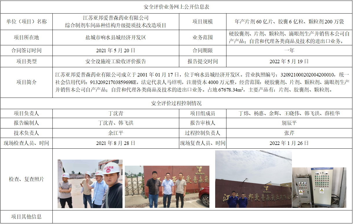 江苏亚邦爱普森药业有限公司综合制剂车间品种结构升级提质技术改造项目安全设施竣工验收评价报告