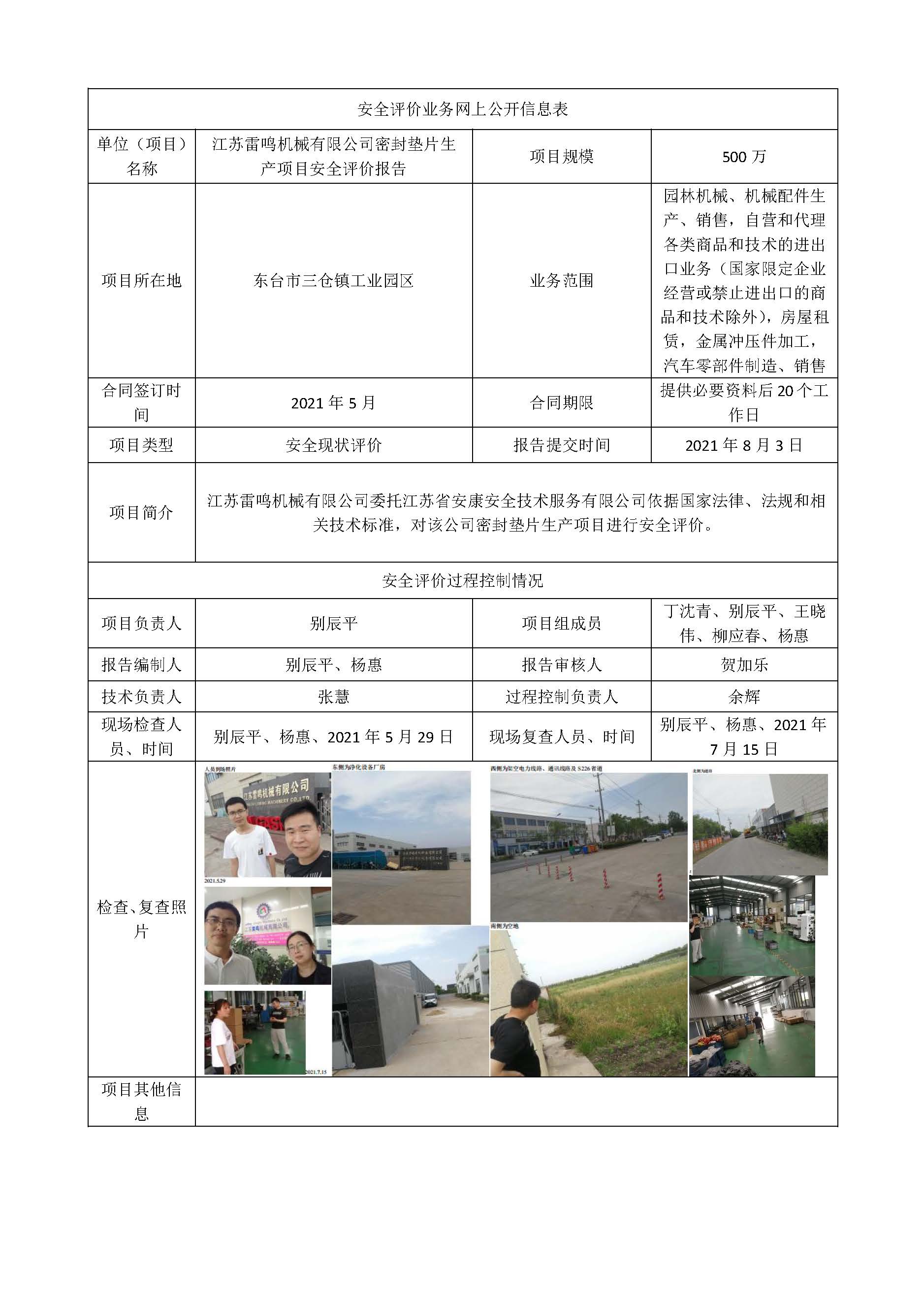 江苏雷鸣机械有限公司密封垫片生产项目安全评价报告