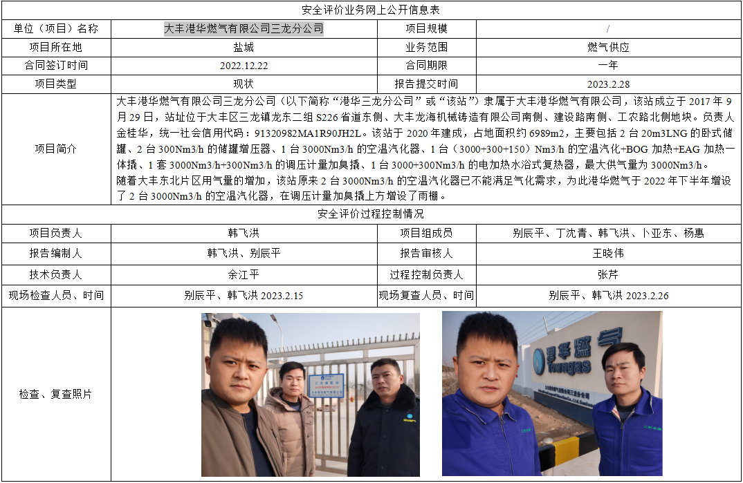 大丰港华燃气有限公司三龙分公司现状评价