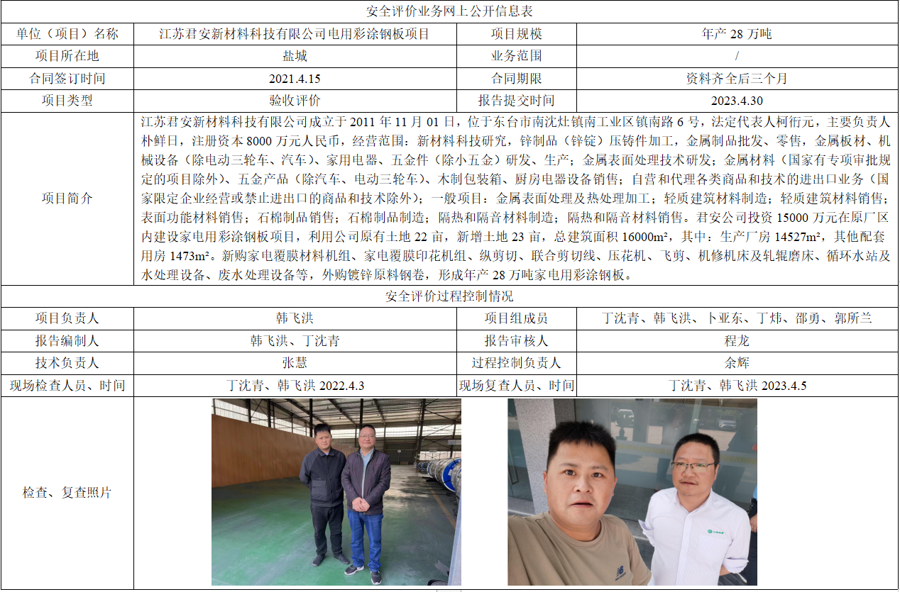 江苏君安新材料科技有限公司家电彩涂钢板项目安全验收评价