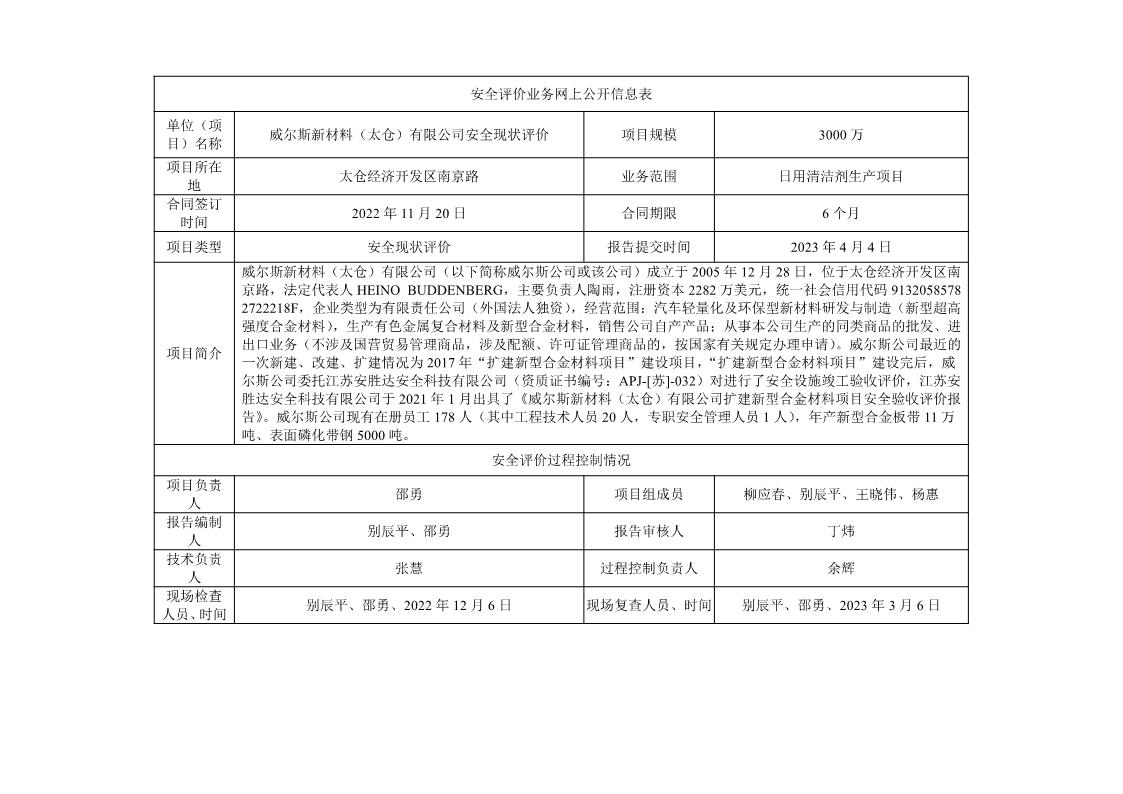威尔斯新材料（太仓）有限公司安全现状评价