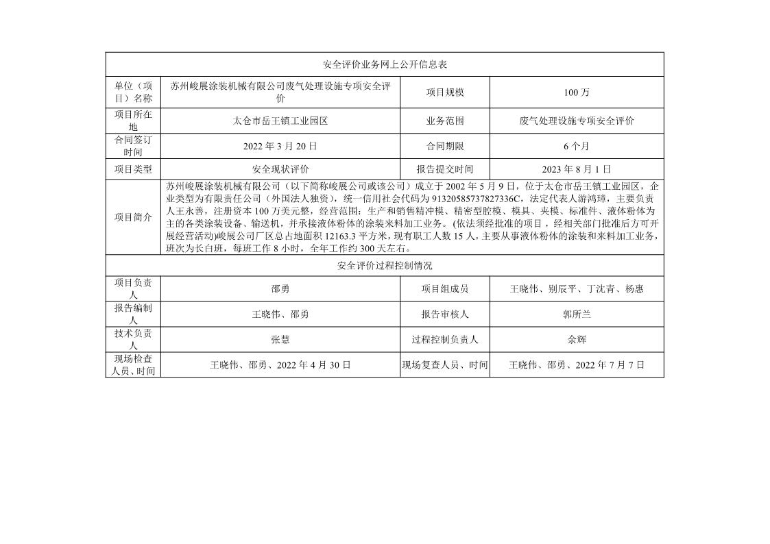 苏州峻展涂装机械有限公司废气处理设施专项安全评价