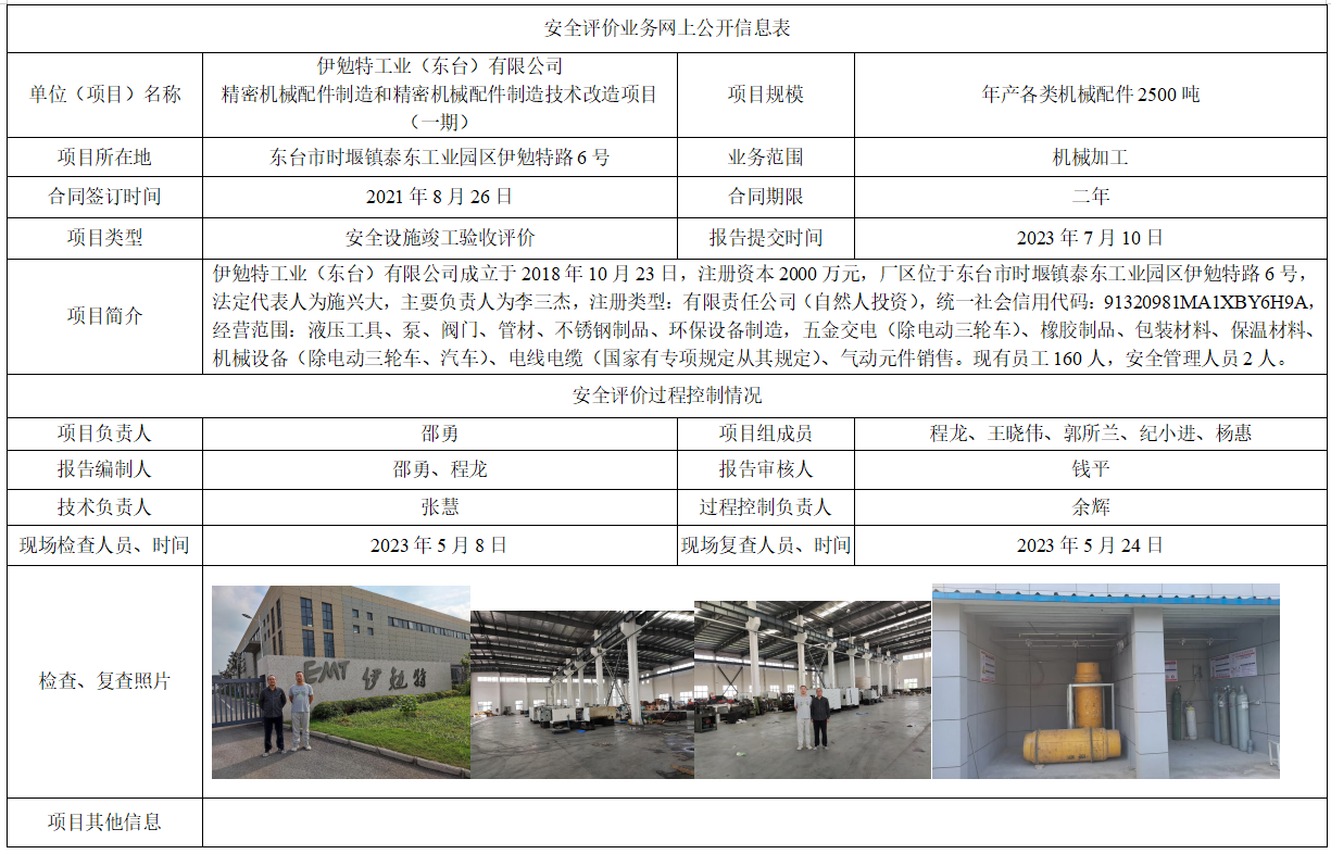 伊勉特工业（东台）有限公司精密机械配件制造和精密机械配件制造技术改造项目（一期）安全设施竣工验收评价报告