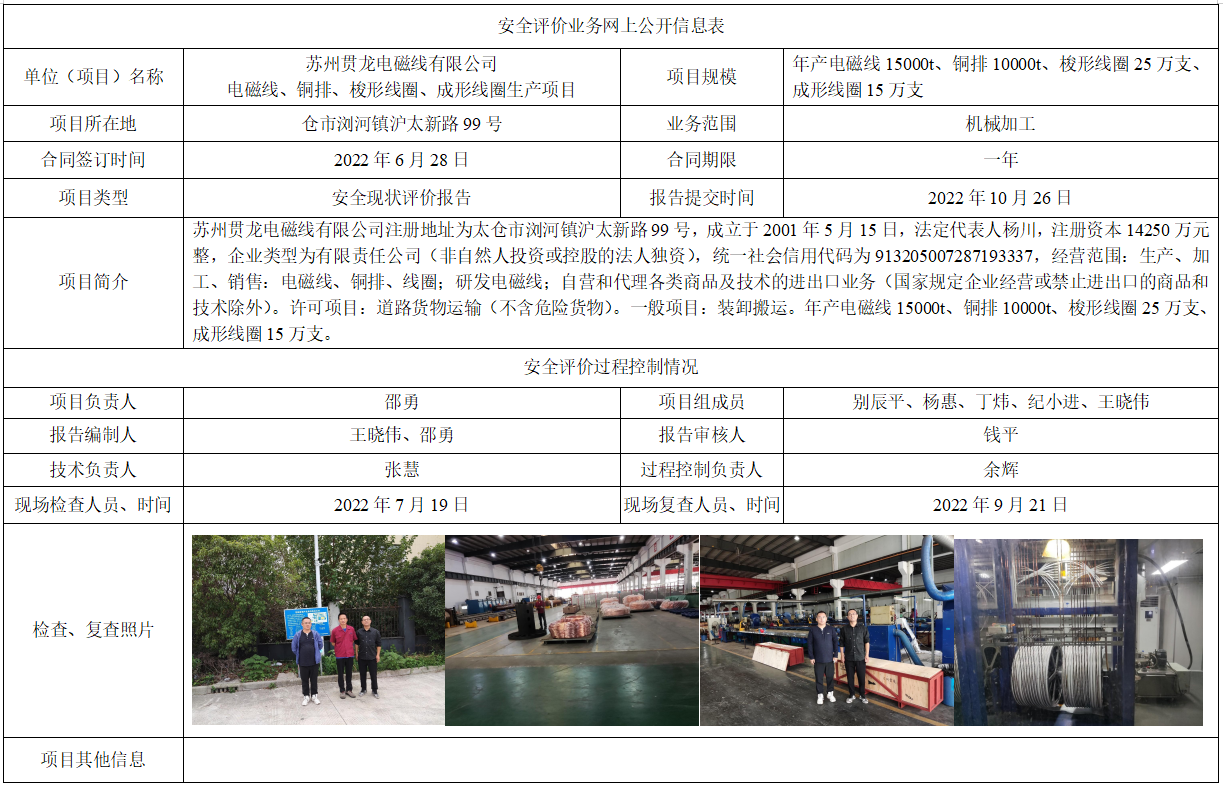 苏州贯龙电磁线有限公司电磁线、铜排、梭形线圈、成形线圈生产项目安全现状评价报告