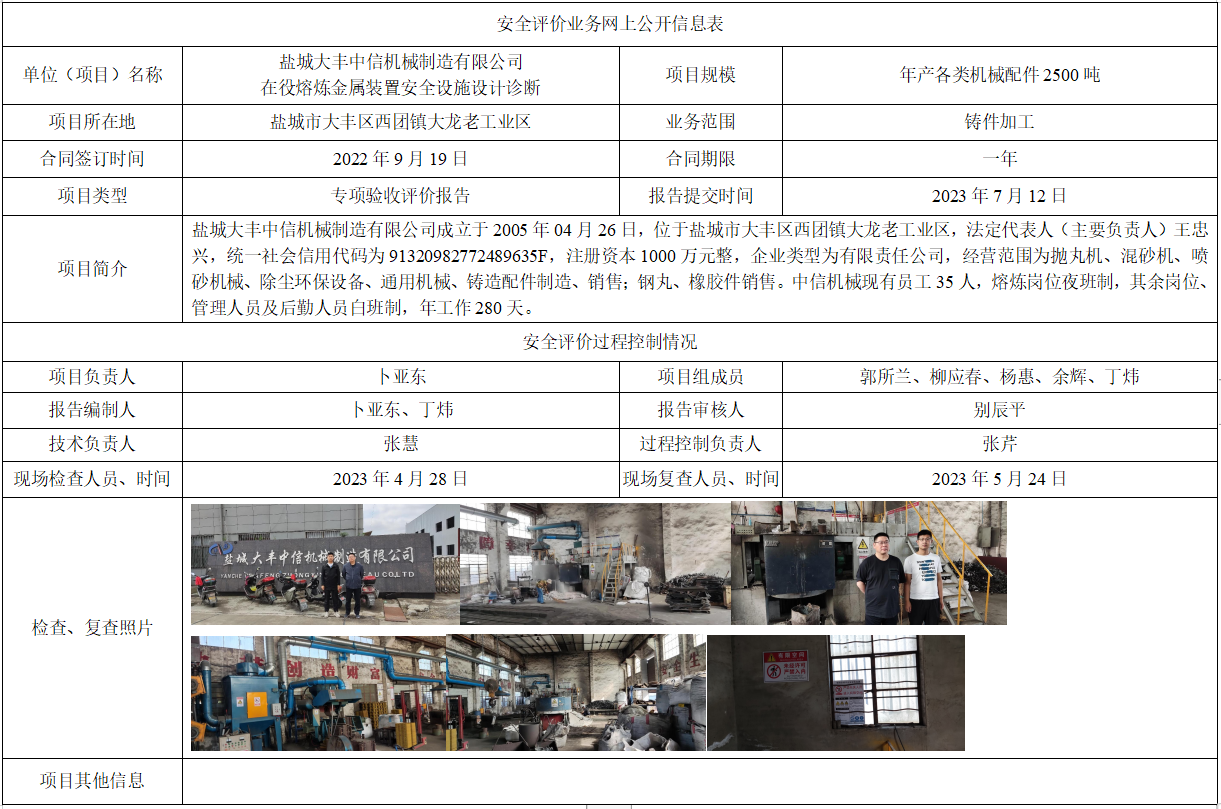盐城大丰中信机械制造有限公司在役熔炼金属装置安全设施设计诊断专项验收评价报告
