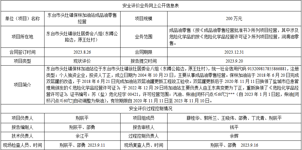 东台市头灶镇保林加油站成品油零售经营安全评价报告