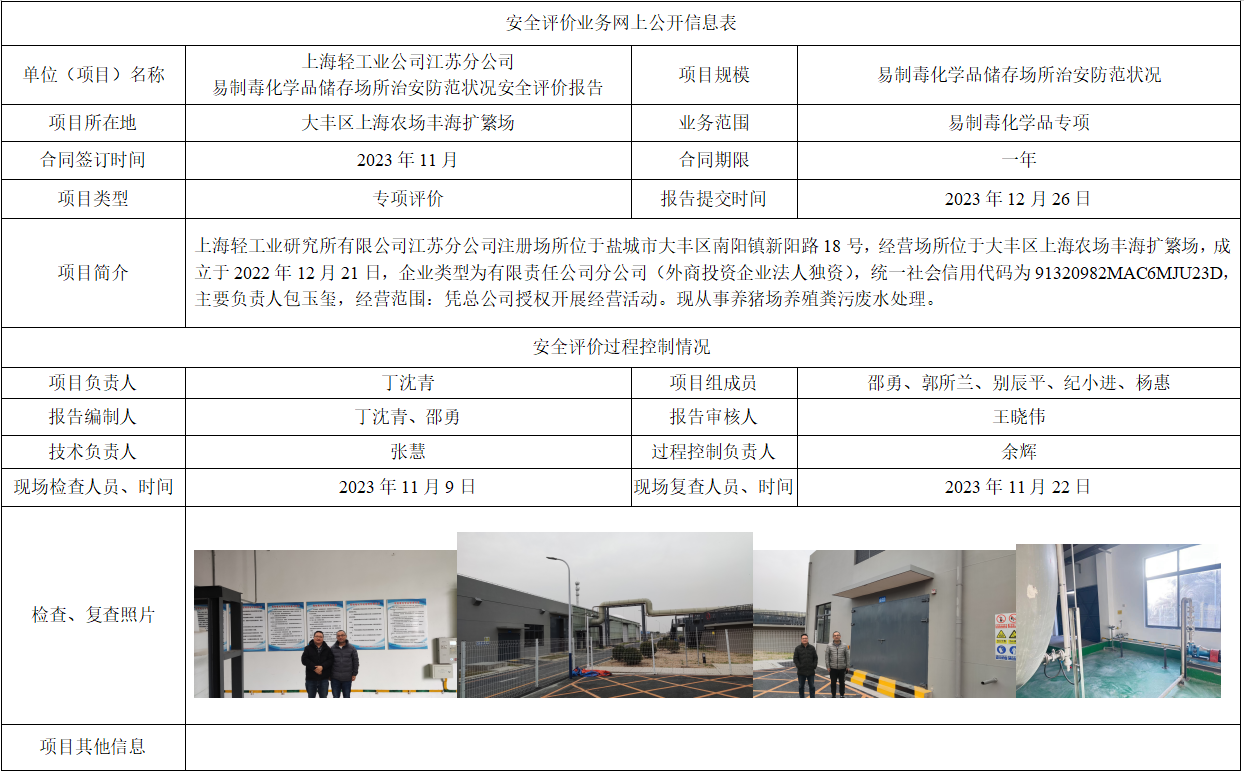 上海轻工业研究所有限公司江苏分公司易制毒化学品储存场所治安防范状况安全评价报告