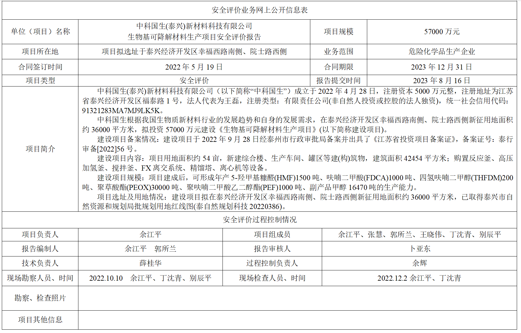 中科国生(泰兴)新材料科技有限公司生物基可降解材料生产项目安全评价报告