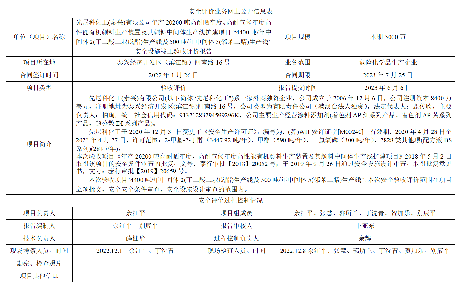 先尼科化工(泰兴)有限公司年产20200吨高耐晒牢度、高耐气候牢度高性能有机颜料生产装置及其颜料中间体生产线扩建项目-“4400吨/年中间体2(丁二酸二叔戊酯)生产线及500吨/年中间体5(邻苯二腈)生产线”安全设施竣工验收评价报告