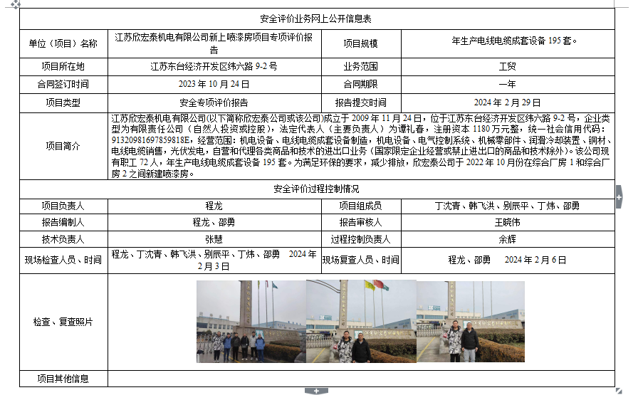 江苏欣宏泰机电有限公司新上喷漆房项目专项评价报告
