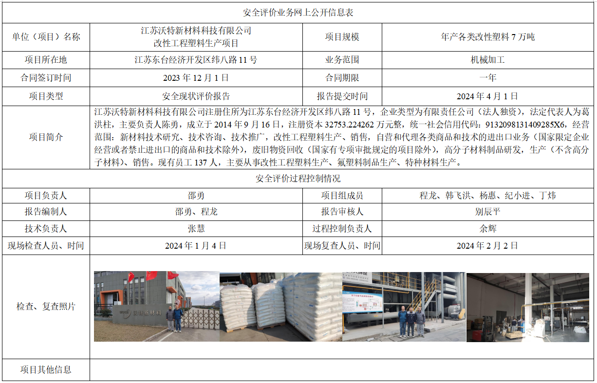 江苏沃特新材料科技有限公司改性工程塑料生产项目安全现状评价报告