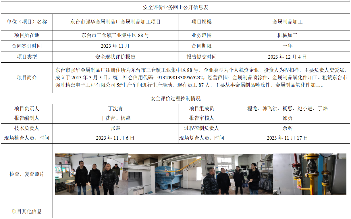 东台市强华金属制品厂金属制品加工项目安全现状评价报告