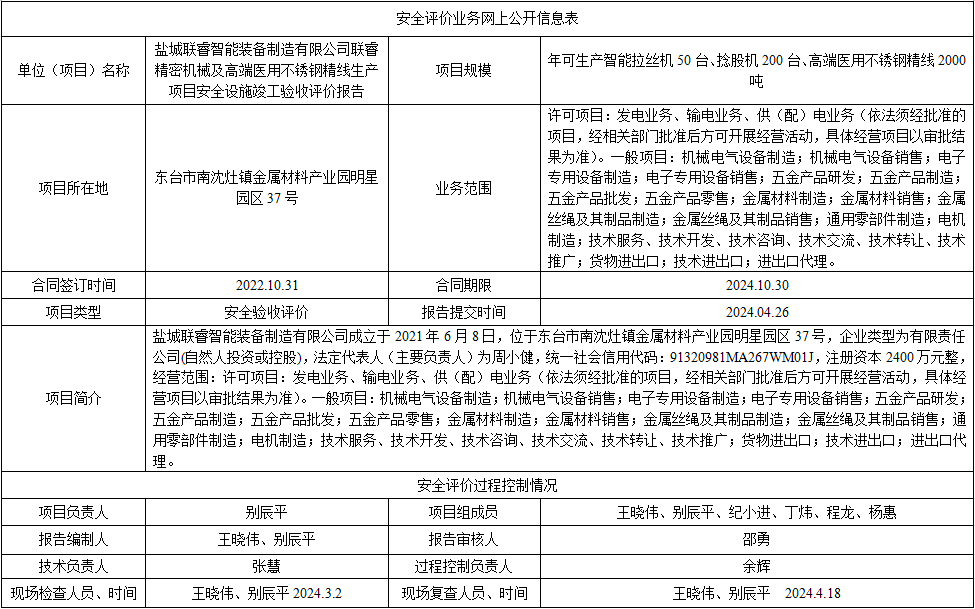 盐城联睿智能装备制造有限公司联睿精密机械及高端医用不锈钢精线生产项目安全设施竣工验收评价报告