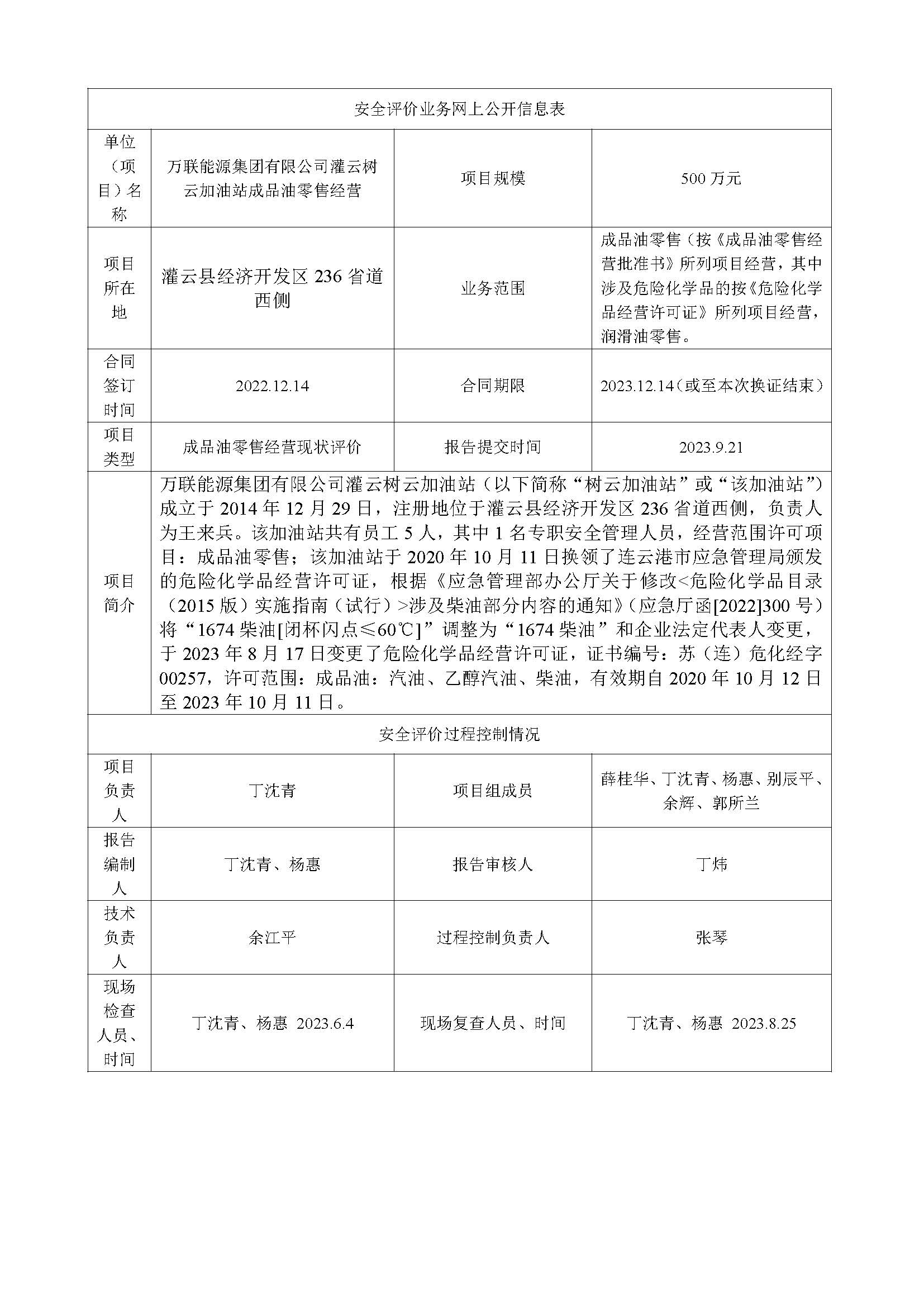 万联能源集团有限公司灌云树云加油站安全评价报告