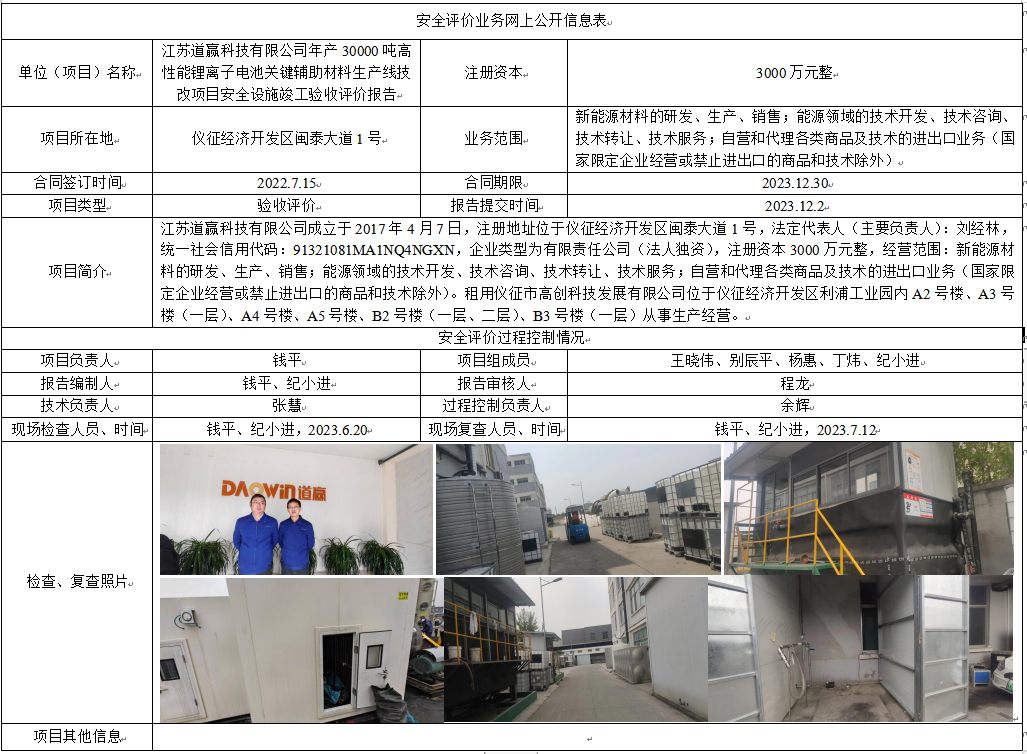 江苏道赢科技有限公司年产30000吨高性能锂离子电池关键辅助材料生产线技改项目安全设施竣工验收评价报告