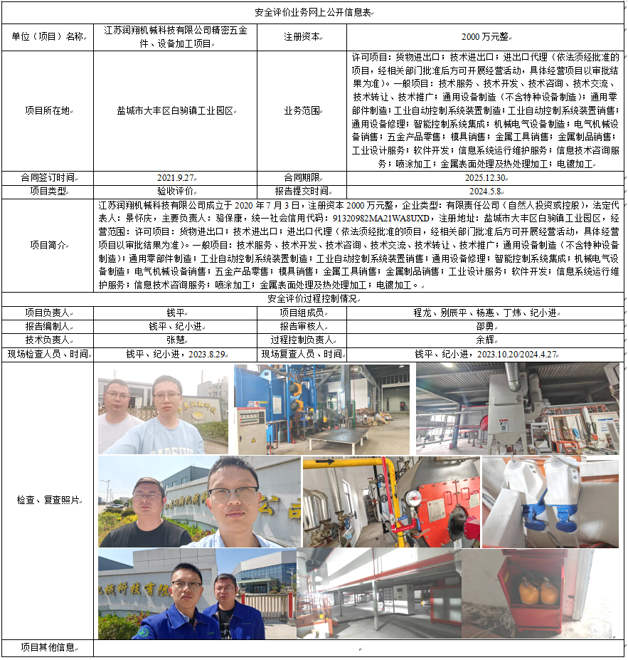 江苏润翔机械科技有限公司精密五金件、设备加工项目