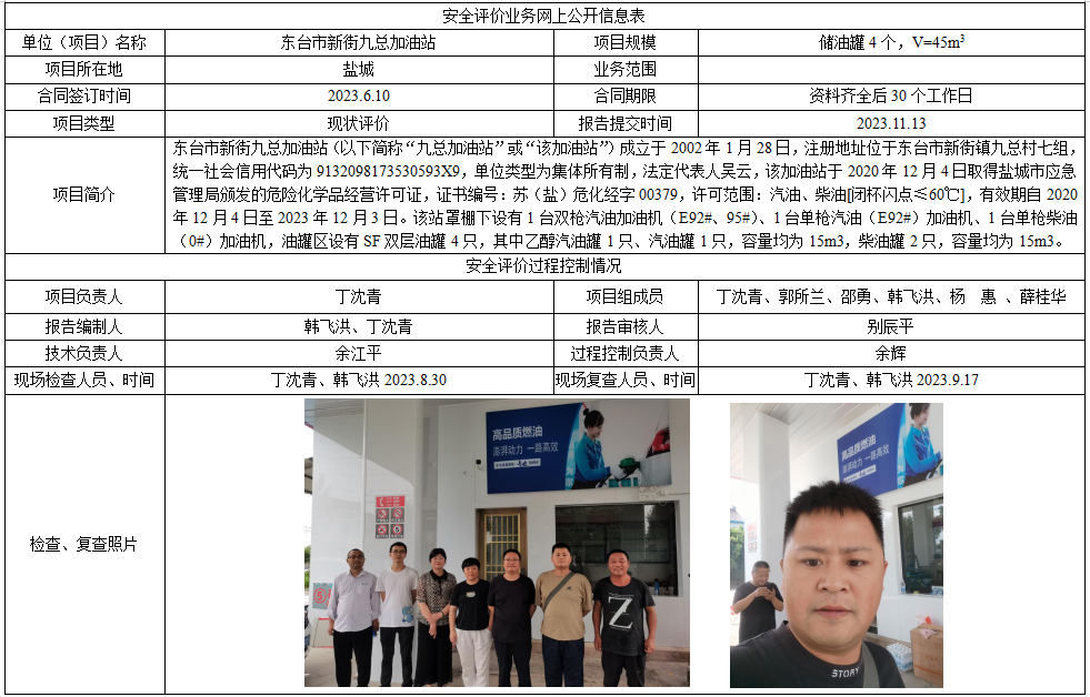 东台市新街九总加油站换证评价