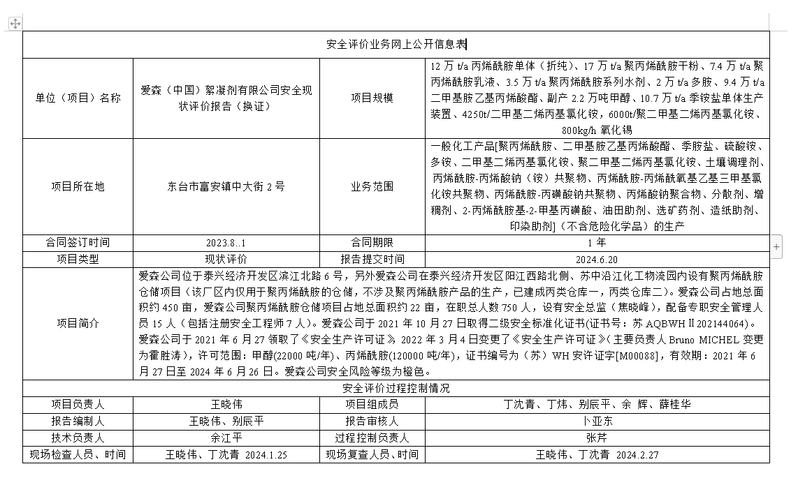 爱森（中国）絮凝剂有限公司安全现状评价报告（换证）