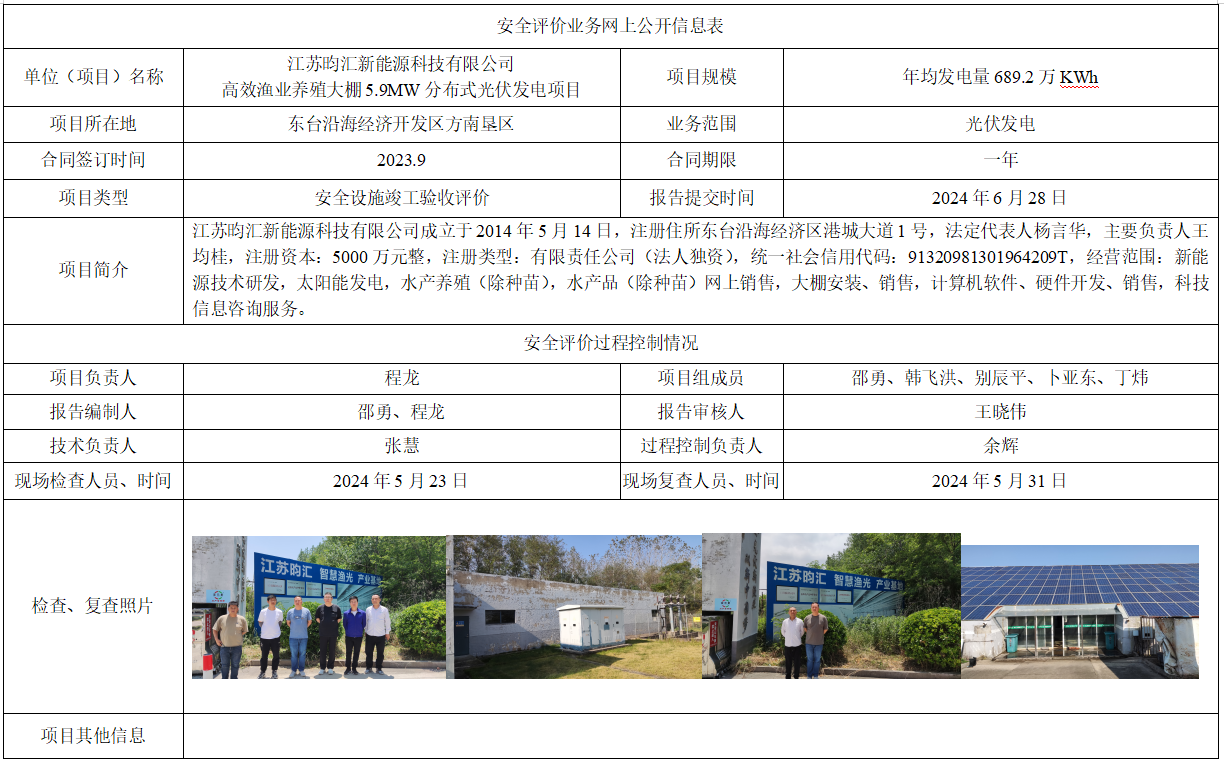 江苏昀汇新能源科技有限公司高效渔业养殖大棚5.9MW分布式光伏发电项目安全验收评价报告